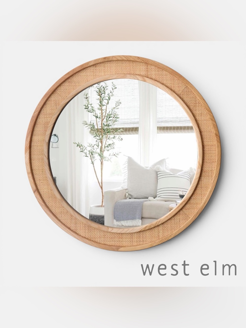 NEW West Elm Large Round Mirror Wicker Rattan Boho Wall Hanging Decor - 24” Diam - Picture 5 of 14